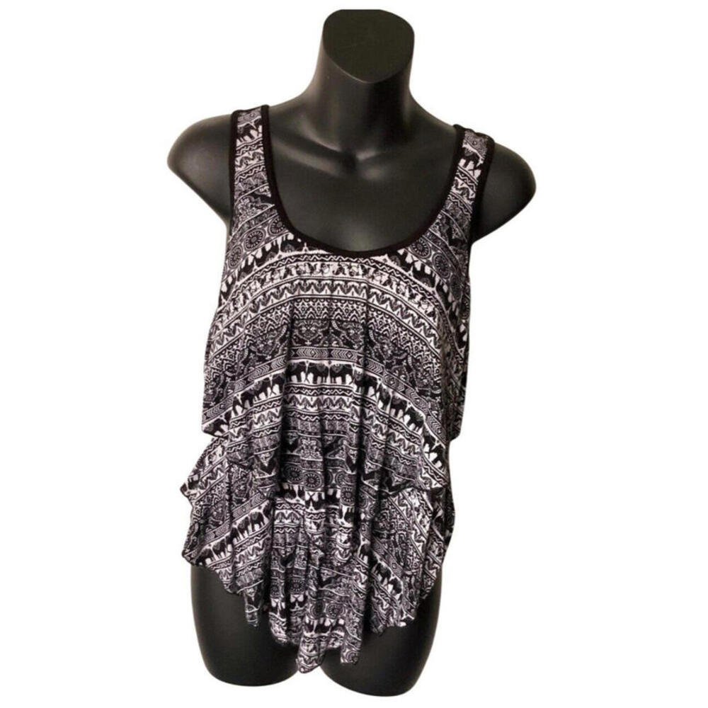 Women’s Black & White Elephant Print Hi-Low Sleeveless Tank Top by Love J USA